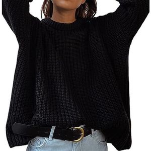 Sawmew Dames casual trui met ronde hals, grof gebreide trui met lange mouwen, zachte, comfortabele oversized truien (Color : Black, Size : L)