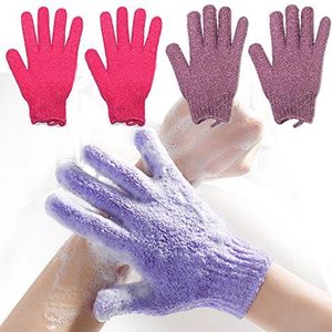 2 Paar Exfoliërende Body Handschoenen Bad Scrub Wash Wanten Huid Massage Spons Handdoek Diepe Reiniging Dode Huid Borstel Scrub Luxe Spa Loofah (rood & paars)