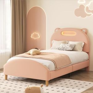 Aunvla Eenpersoonsbed, kinderbed, jeugdbed, gestoffeerd bed met led-lijst, bedhoofd met grappige berenkop-vorm, met houten lattenbodem, fluweel, kaki (90 x 200 cm)