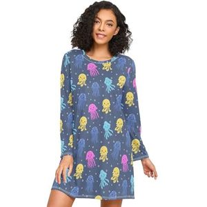LI ZHI XIN Nachthemd voor dames, lange mouwen, nachthemd, nachthemden, slaapkleding, ronde hals, losse grote maten, nachtkleding, XXXL, schattig kwallenpatroon, Meerkleurig, S