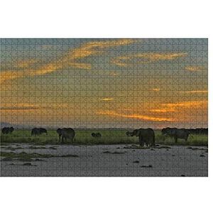 Jigsaw Puzzel 1000 stuks Afrikaanse olifanten bij zonsondergang kinderpuzzel meisjes onmogelijke puzzel veelkleurige puzzel moeilijk