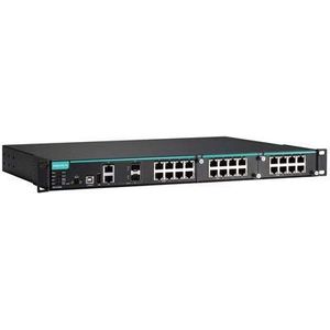 Modular managed Ethernet switch with 8 10/100BaseT(X) ports, 2 10/100/1000BaseT(X) or 100/1000BaseSFP combo ports, and 2 slots for fast Ethernet modules, front cabling, 2 isolated power supplies
