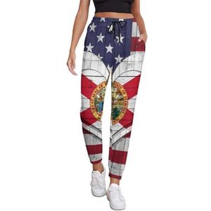 Vlag van Amerika en Florida met hart vrouwen joggingbroek running joggingbroek casual broek elastische taille lang met zakken