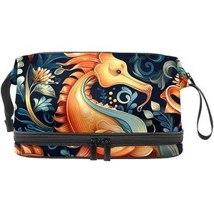 Dubbele Laag Cosmetische Tas Zeepaardjes Groen Patroon Draagbare Make-up Tas Reizen Organizer Pouch voor Vrouwen Meisjes Toiletartikelen Tassen, Multi 8, 27x15x14 cm/10.6x5.9x5.5 in, Make-up zakje