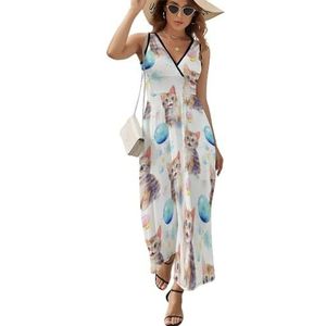 Cats Blowing Bubbles mouwloze maxi-jurk met V-hals voor dames, casual, zomer, lange jurk