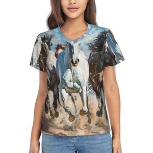 EnkzpoHen Dames Paarden Running Art Print T-shirt, zacht ademend, geschikt voor dagelijks gebruik, reizen, buitenactiviteiten, Zwart, S