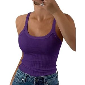 GEMBERA Vrouwen Spaghettiband Ronde Hals Geribbelde Tanktops Slank Getailleerd Katoenen Hemdje Basic Mouwloze Gelaagde Shirts, Paars, XL