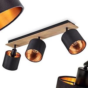 Plafondlamp Alsen, moderne plafondlamp van hout/metaal/stof in donkerbruin/zwart/koper, lamp in Scandinavisch design met verstelbare kappen, 3 lampen, 3 x E14, zonder gloeilampen
