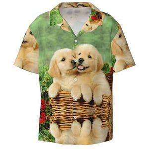 EdWal Puppy Golden Retriever Print Heren Korte Mouw Button Down Shirts Casual Losse Fit Zomer Strand Shirts Heren Jurk Shirts, Zwart, L