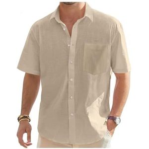 Heren Korte Mouw Linnen Overhemd Regular Fit Casual Zomer Strand Overhemd Met Zak(Beige,XXL)