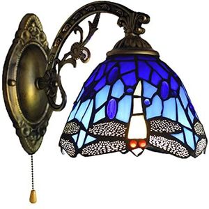 Tiffany -Stijl Wandlicht, 6 Inch, Getinte Glazen Lampenkap Vintage Libel, Muur Met Ritsschakelaar, Veelkleurige Decoratieve Wandlamp