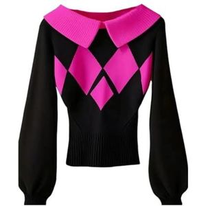 Dames Gebreide Trui Met Diamantpatroon, Warme Winterse Lange Mouwen en Slanke Trui for Casual en Kantoorkleding(Rose red)