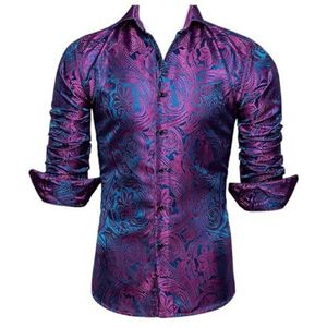 SDFGH Formele tops shirts for heren zijden lange mouwen paars blauw paisley slim fit mannelijke blouses casual (Color : D, Size : Medium)