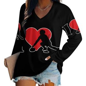 I Love Curling Damesshirt met V-hals en lange mouwen, casual, losse pasvorm