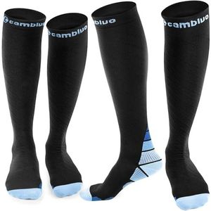 CAMBIVO Compressiekousen voor dames en heren, 2 paar, compressiesokken, steunkousen voor hardlopen, sport, vlucht, reizen, wielrennen, zwart/blauw, XXL