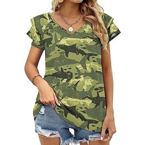 Camouflage haaienpatroon dames casual tuniek tops ruches korte mouwen T-shirts V-hals blouse T-shirt