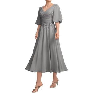 HPPEE Damesjurk voor dames, lange jurk voor moeder van de bruid met kant, applicatie, pofmouwen, chiffon, formele avondjurk, Grijs, 32