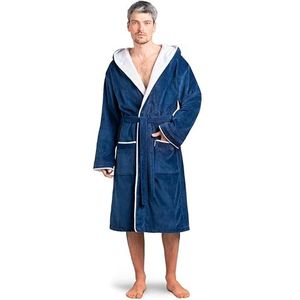 Twinzen Badjas voor heren met capuchon, 100 procent OekoTex fluweelkatoen - ultrazachte badstof kamerjas voor heren, Koningsblauw - Maat XXL