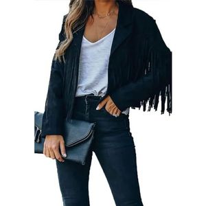 J5fashion Womens Faux Suede Franjes Jas, Zwart, 38
