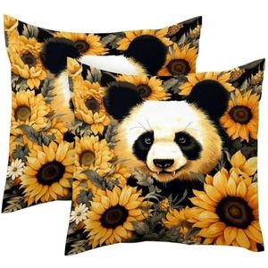 VAPOKF Panda met zonnebloemen pak van 2 kussenslopen 45x45cm, boerderij sierkussenslopen, vierkante kussensloop voor lente, thuis, bank, decoratie