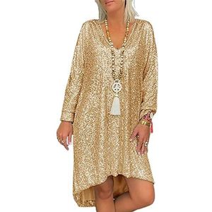 SHINROAD Dames pailletten jurk V-hals lange mouw hoge zoom herfst jurk glanzend plus size casual jurk kleding gouden 2XL