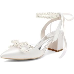 KYEGLO Dames Sandalen Met Spitse Neus, Satijnen Blokhak En Parel Enkelbandje, Gesloten Neus Met Parelstrikje - Ideaal Voor Casual Gelegenheden, Werk En Bruiloften,ivoor,36
