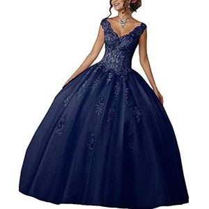 Carnivalprom Dames V-hals Quinceanera jurken met kant avondjurken lange trouwjurken elegante baljurk, marineblauw, 36