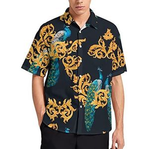 Aquarel Pauw Gouden Patroon Hawaiiaanse Shirt Voor Mannen Zomer Strand Casual Korte Mouw Button Down Shirts met Zak