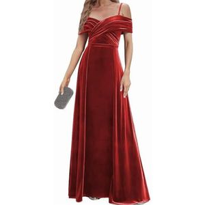 Fluwelen Bruidsmeisjes Jurken Spaghetti Bandjes Prom Jurken Koude Schouder Formele Avond Party Gown ZM191xin, Rood, 32