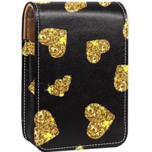 Gouden Glinsterende Hartpatroon Zwarte Draagbare Lipstick Case voor Reizen,Mini Lipstick Opbergdoos met Spiegel voor Vrouwen Dames, Lederen Cosmetische Pouch, Meerkleurig, 9.5x2x7 cm/3.7x0.8x2.7 in