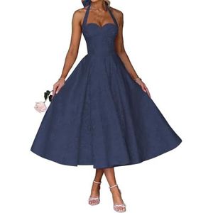 AHERKLL Spaghetti Bandjes Bruidsmeisjes Jurken Jacquard Satijn Halter Formele Avond Feest Maxi Jurk HAH046, Donkerblauw, 32