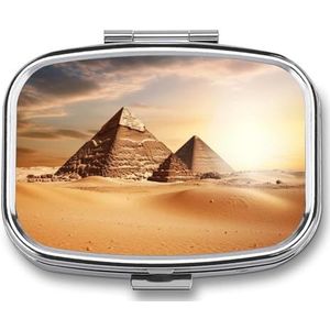 Pillendoosje draagbare Egyptische piramide in woestijn pillenorganisator reizen pillenetui voor zak of portemonnee medicijnpillencontainer met spiegel 2 compartimenten dagelijkse medicijnorganizer