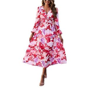 CupitiDU Dames Boho Bloemen Gedrukt Chiffon Jurken, Casual Zomer V-hals Chiffon Lange Boerenmouwen Vloeiende Orset Jurk, Rood, XL