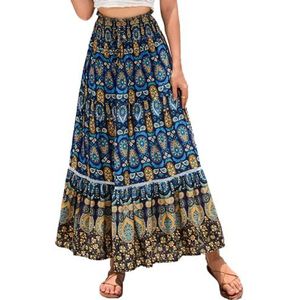 EMOTTOS Boheemse maxi-rok voor dames, renaissance, A-lijn, lange rok, elastische taille, hoge taille, plooirok, boho, zigeuner, etnische stijl, voor zomer, lente, vakantie, uitgaan, blauw/rood, S-XL,