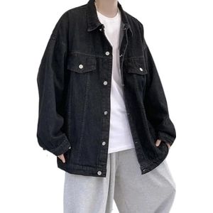 Streetwear Heren Denim Jas Effen Kleur Lange Mouw Uitloper Herfst Winter Losse Kraag Jeans Jas (Color : Black, Size : XL)