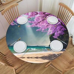 Paars rond tafelkleed met bloemenpatroon, waterdicht en afveegbaar met elastische randen, geschikt voor het decoreren van ronde tafels.