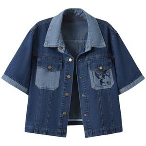 QOUERUUE Dames Casual Losse Jean Shirts Korte Mouw Button Down Borduurwerk Kleurblokken Zomer Denim Shirt,Blauw,L