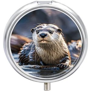Draagbare pillendoos pillendoos met spiegel, Otters bedrukt 3 compartimenten kleine pillenorganizer lichtgewicht reizen pillendoos voor vrouwen mannen creatieve geschenken