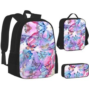 TRESILA Rugzak voor kinderen, jongens, meisjes, duurzame polyester schooltas, rugzak, boekentas met lunchtas en etui (3-in-1 rugzakset) /buffelgrijs, Kleurrijke vlinder, Eén maat, Schooltas Set