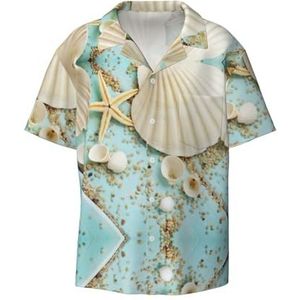 TyEdee Ocean Sea Beach Seashells Zeester Blauw Print Heren Korte Mouw Jurk Shirts met Zak Casual Button Down Shirts Business Shirt, Zwart, L