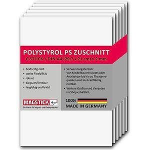 Polystyreen platen, mag_265, wit, DIN A4, kunststof hardplaten, op maat gesneden, 21 x 29,7 cm, 2 mm dik, voor modelbouw, architectuur, doe-het-zelf, 6 stuks