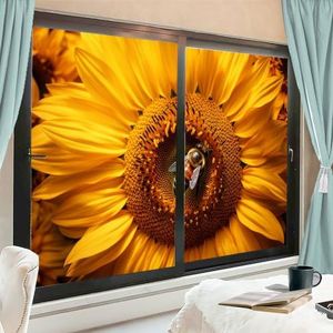 Retro zonnebloem raamfolie zonneblokkerende natuur dieren gele bloem foto huis raam getint film geen lijm glas hechtende bekleding voor thuis decoratief 80 x 140 cm x 2 stuks