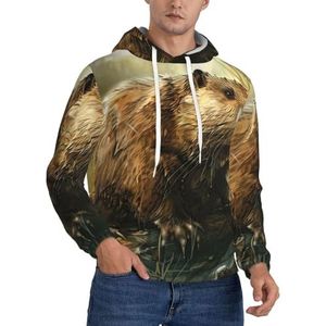 Jkkghll Beaver Print Heren Hooded Warme Lichtgewicht Trui Voor Winter Herfst En Lente Casual Wear, Zwart, XS