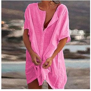 Strandjurk Dames Sexy Strand-Badpak-Cover-Vrouwen-Katoenen Cover-Badkleding-Casual Korte Mouwen-Lange Blouse-Effen Kleur Strandjurk Bikini Cover Up (Kleur: Roze, Maat: XL)