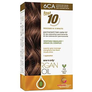 One 'n Only Argan Oil Fast 10 Permanente haarverfset, 6CA karamel donkerblond, grijsdekking in 10 minuten, helpt de natuurlijke vochtbalans te behouden, geavanceerde micropigmenten voor natuurlijke