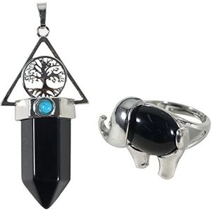 Soulnioi Levensboom Zwarte Obsidiaan Kristallen Kogel Ketting Hanger en Natuurlijke Zwarte Obsidiaan Ring Leuke Elepant Dierenring Verstelbare Ring Geschenken voor Vrienden en Familie