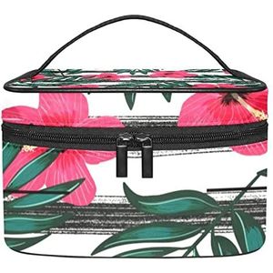 Make-up Organizer Bag, Reizen Make-up Tas Organizer Case Draagbare Cosmetische Tas voor Vrouwen en Meisjes Toiletartikelen Tropische Bladeren Rode Bloemen Zwarte Strepen, Meerkleurig, 22.5x15x13.8cm/8.9x5.9x5.4in