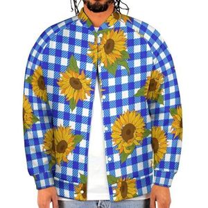 Heldere Zonnebloemen op Blauwe Geruite Grappige Mannen Baseball Jacket Gedrukt Jas Zachte Sweatshirt Voor Lente Herfst