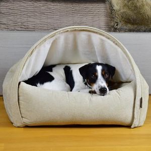 KONA CAVE® - Luxe knuffelbed - hemelbed voor katten en honden - beste grotbed - afneembaar deksel (corduroy fluweel - lichtbruin, medium: 85 W x 75 d x 55 h cm)