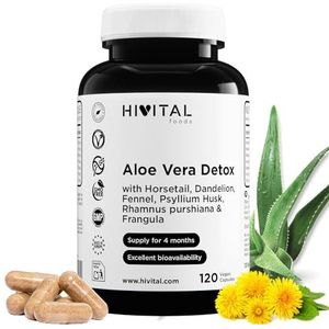 Aloë Vera Detox. 120 veganistische capsules voor een kuur van 4 maanden. Aloe Vera met Rhamnus Purshiana, Frangula, Paardenstaart en Paardenbloem. Diureticum en natuurlijk laxeermiddel. Door HIVITAL